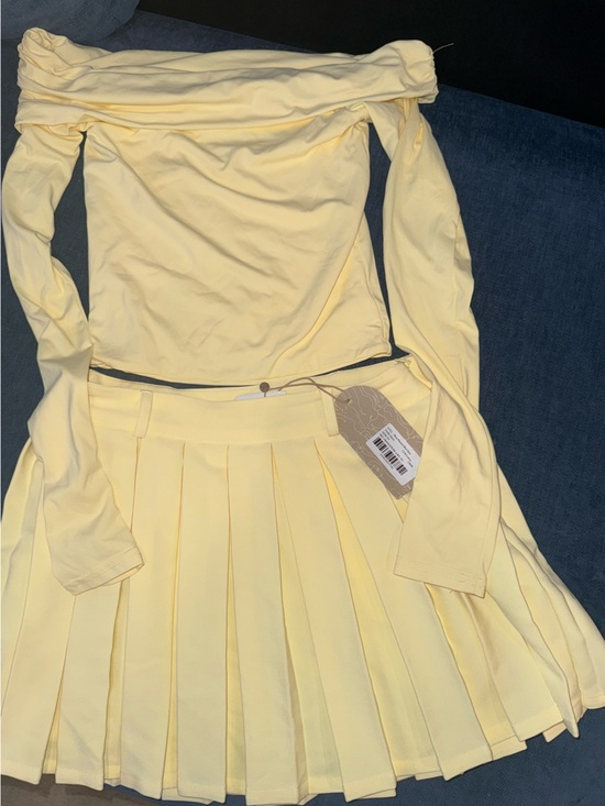Meshki Dresses & Skirts - Meshki Pale Yellow Off-Shoulder Long Sleeve Top & Pleated Skirt Set